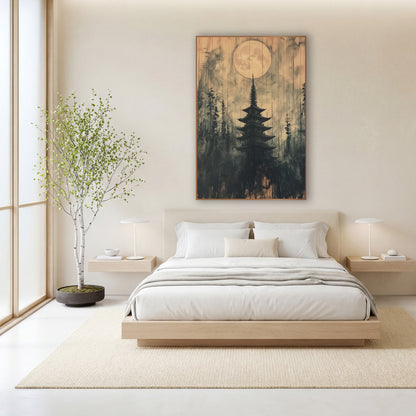 Small Moon Pagoda Ink wall art in a calm Japandi-style room – dark five-tier pagoda among evergreens under a large