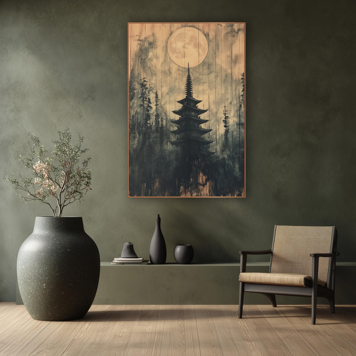 Small Moon Pagoda Ink wall art in a calm Japandi-style room – dark five-tier pagoda among evergreens under a large