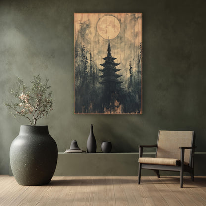 Small Moon Pagoda Ink wall art in a calm Japandi-style room – dark five-tier pagoda among evergreens under a large
