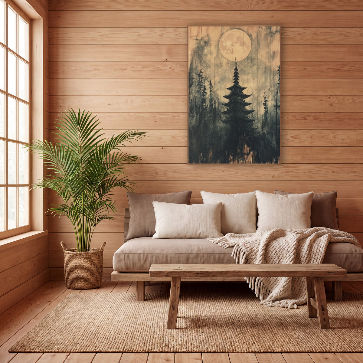 Small Moon Pagoda Ink wall art in a calm Japandi-style room – dark five-tier pagoda among evergreens under a large