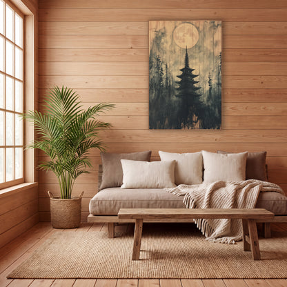Small Moon Pagoda Ink wall art in a calm Japandi-style room – dark five-tier pagoda among evergreens under a large
