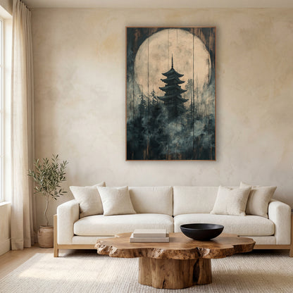 Charcoal Plank Pagoda Forest Japandi wall art in a calm Japandi-style room – dark pagoda silhouette before a large
