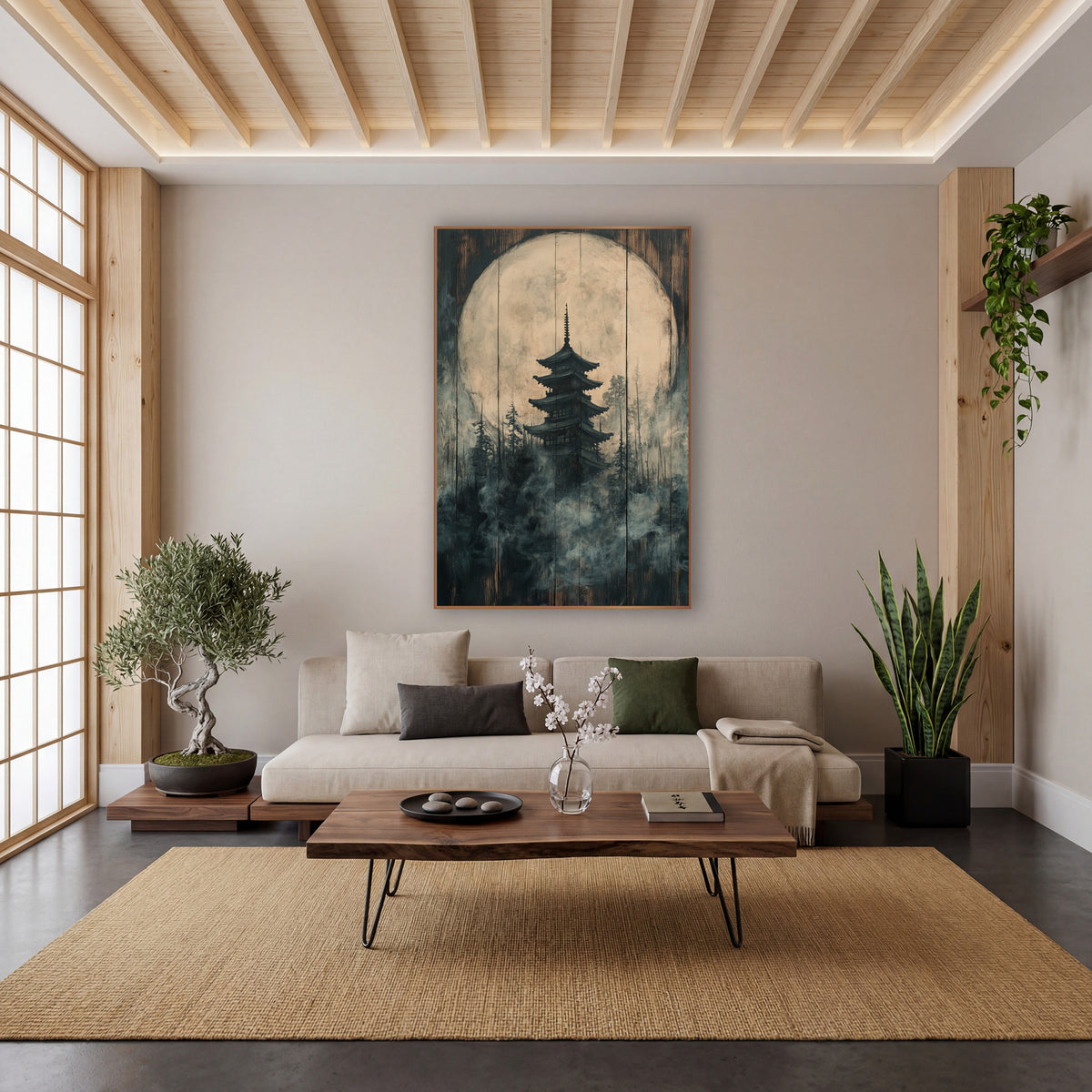 Charcoal Plank Pagoda Forest Japandi wall art in a calm Japandi-style room – dark pagoda silhouette before a large