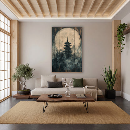 Charcoal Plank Pagoda Forest Japandi wall art in a calm Japandi-style room – dark pagoda silhouette before a large
