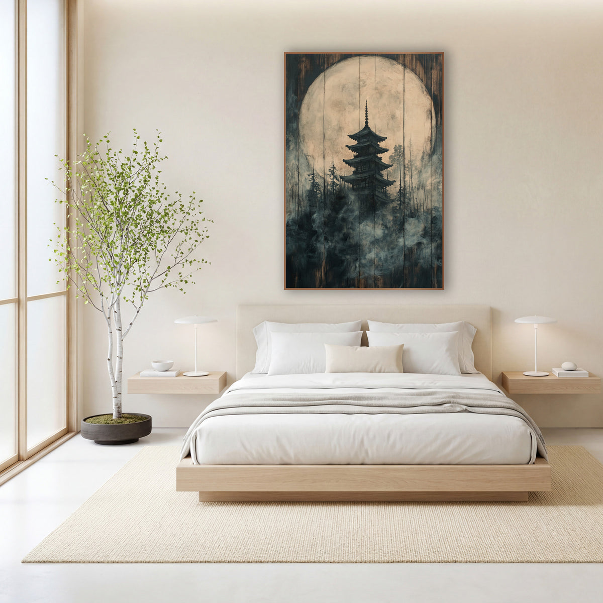 Charcoal Plank Pagoda Forest Japandi wall art in a calm Japandi-style room – dark pagoda silhouette before a large