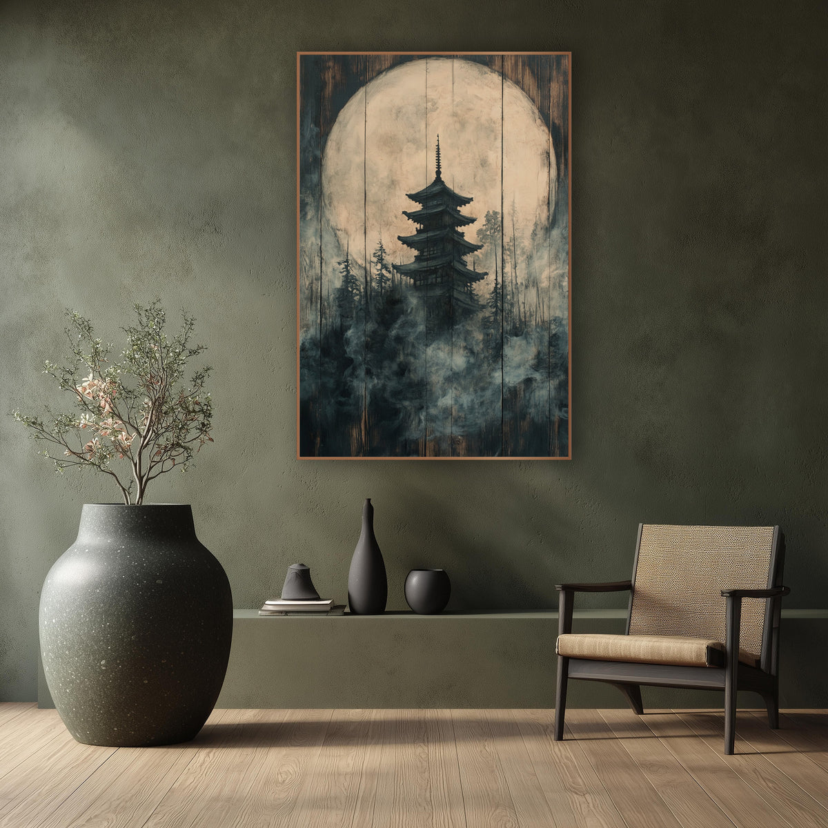 Charcoal Plank Pagoda Forest Japandi wall art in a calm Japandi-style room – dark pagoda silhouette before a large
