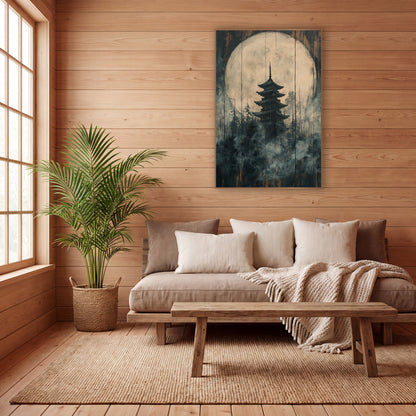 Charcoal Plank Pagoda Forest Japandi wall art in a calm Japandi-style room – dark pagoda silhouette before a large