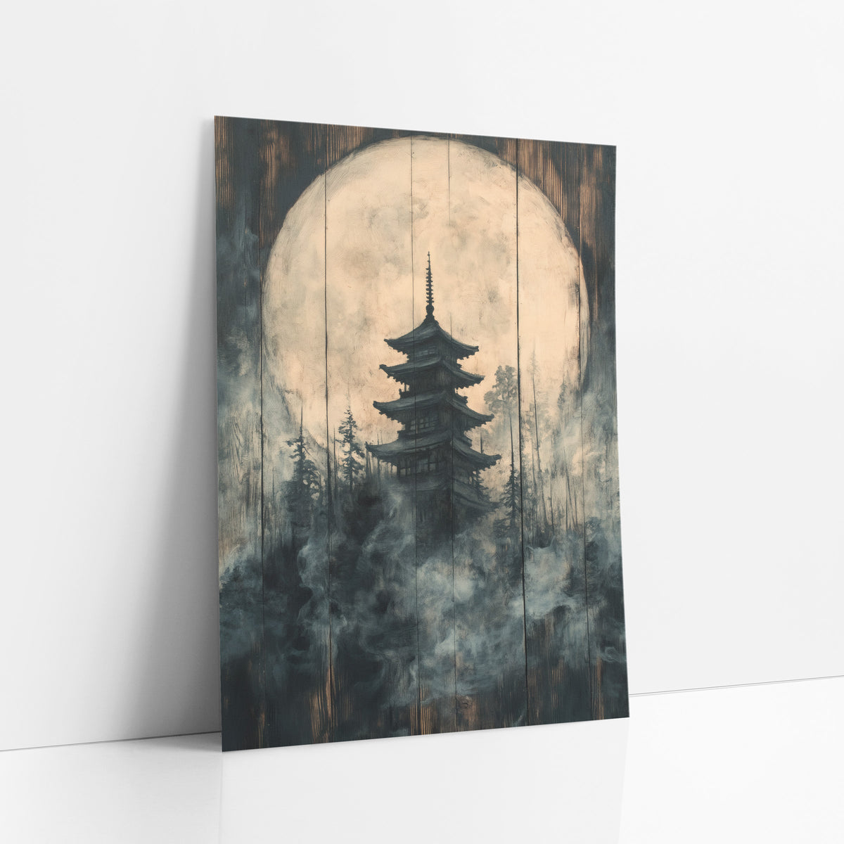Charcoal Plank Pagoda Forest Japandi art print leaning against a white wall – dark pagoda silhouette before a large pale