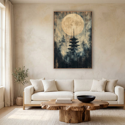 Golden Moon Pagoda Pines Japandi wall art in a calm Japandi-style room – pale full moon above a dark five-tier pagoda
