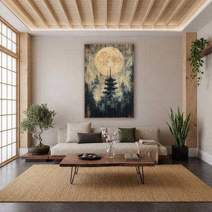 Golden Moon Pagoda Pines Japandi wall art in a calm Japandi-style room – pale full moon above a dark five-tier pagoda