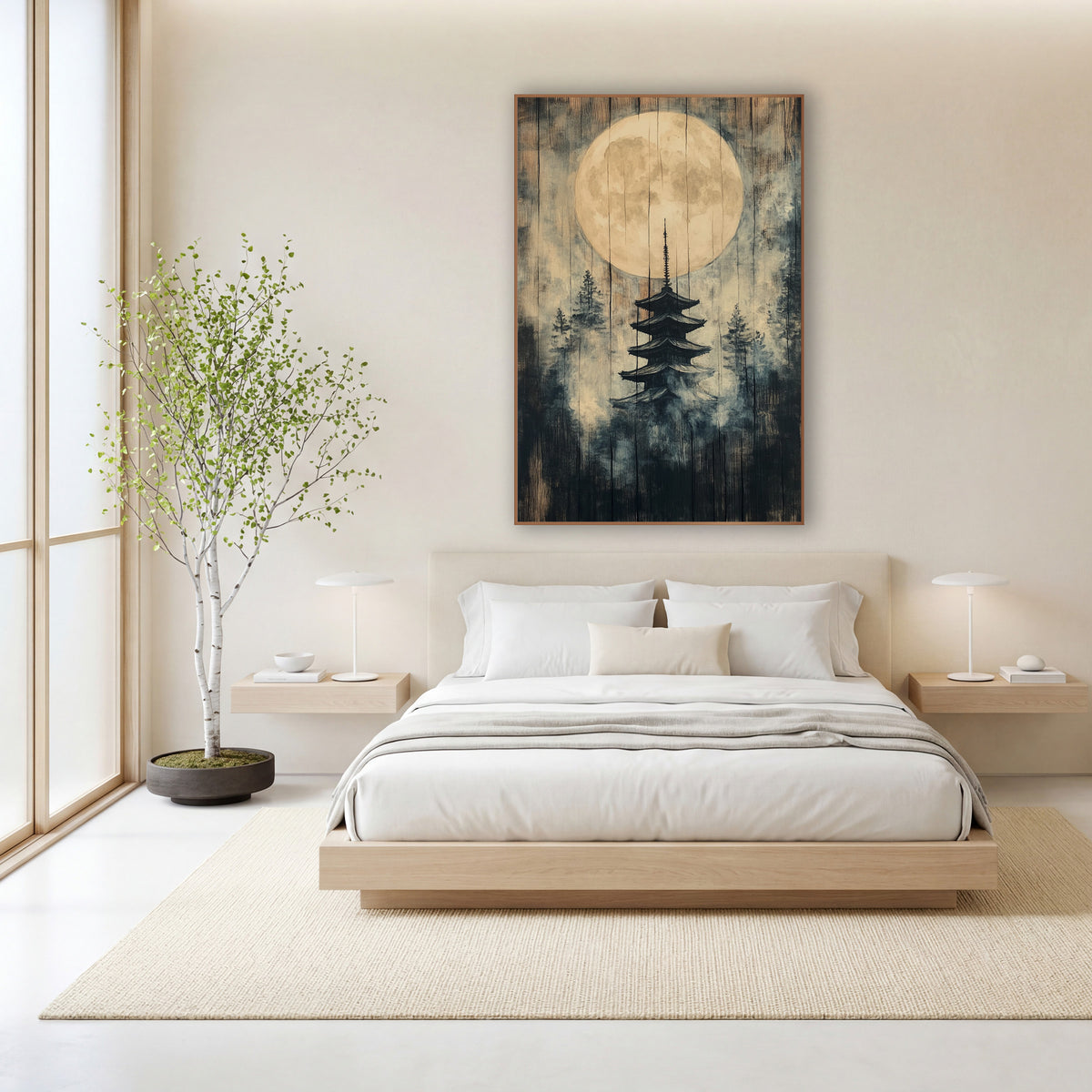 Golden Moon Pagoda Pines Japandi wall art in a calm Japandi-style room – pale full moon above a dark five-tier pagoda
