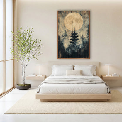 Golden Moon Pagoda Pines Japandi wall art in a calm Japandi-style room – pale full moon above a dark five-tier pagoda