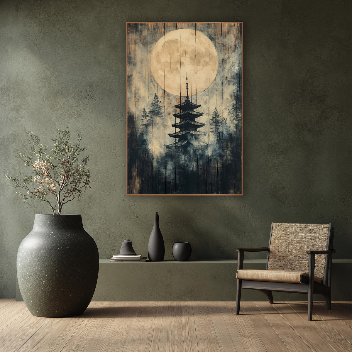 Golden Moon Pagoda Pines Japandi wall art in a calm Japandi-style room – pale full moon above a dark five-tier pagoda
