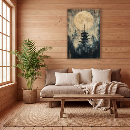 Golden Moon Pagoda Pines Japandi wall art in a calm Japandi-style room – pale full moon above a dark five-tier pagoda