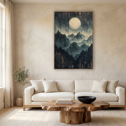 Full Moon Mountain Ridge Landscape wall art in a calm Japandi-style room – pale full moon above layered misty mountain