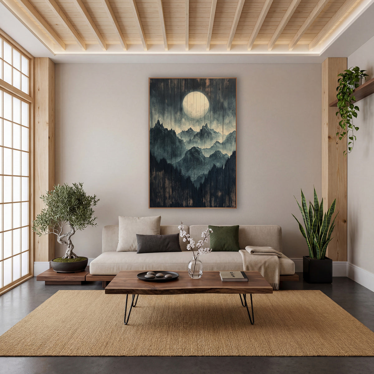 Full Moon Mountain Ridge Landscape wall art in a calm Japandi-style room – pale full moon above layered misty mountain