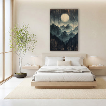 Full Moon Mountain Ridge Landscape wall art in a calm Japandi-style room – pale full moon above layered misty mountain