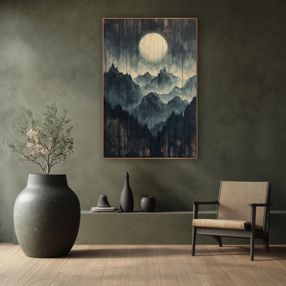 Full Moon Mountain Ridge Landscape wall art in a calm Japandi-style room – pale full moon above layered misty mountain