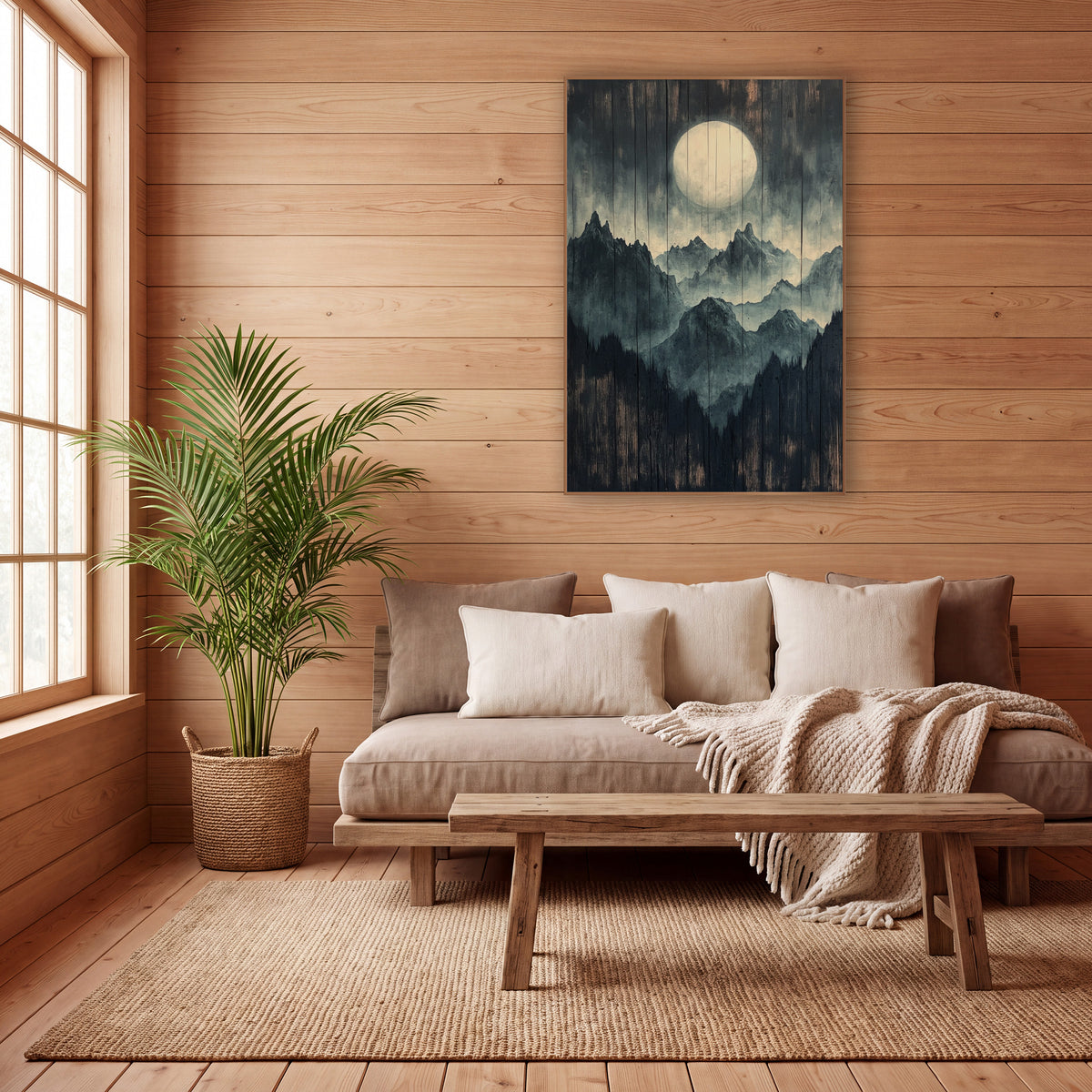 Full Moon Mountain Ridge Landscape wall art in a calm Japandi-style room – pale full moon above layered misty mountain