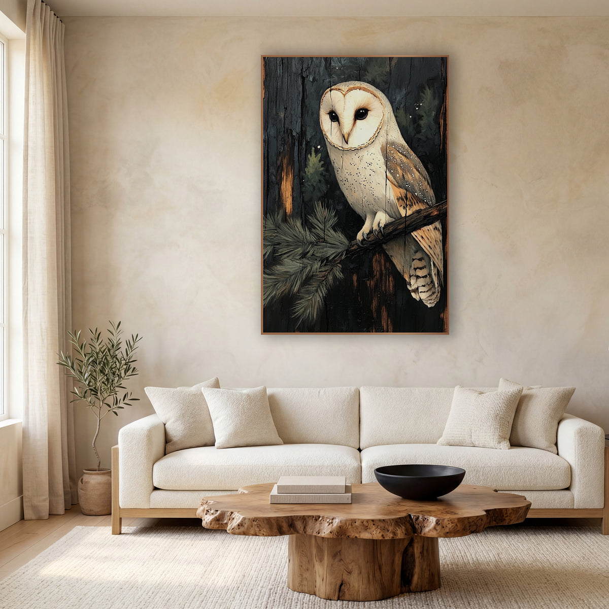 Pale Barn Owl Charred Wood wall art in a calm Japandi-style room – cream-white barn owl perched on an evergreen branch