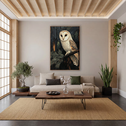 Pale Barn Owl Charred Wood wall art in a calm Japandi-style room – cream-white barn owl perched on an evergreen branch