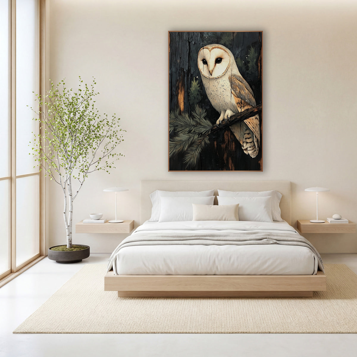 Pale Barn Owl Charred Wood wall art in a calm Japandi-style room – cream-white barn owl perched on an evergreen branch