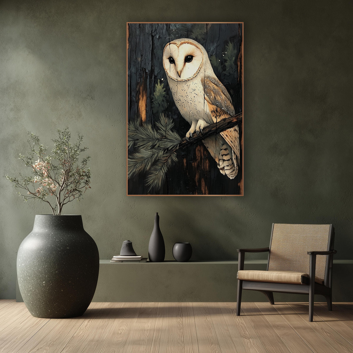 Pale Barn Owl Charred Wood wall art in a calm Japandi-style room – cream-white barn owl perched on an evergreen branch
