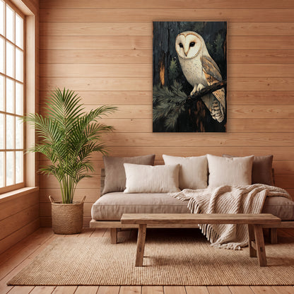 Pale Barn Owl Charred Wood wall art in a calm Japandi-style room – cream-white barn owl perched on an evergreen branch