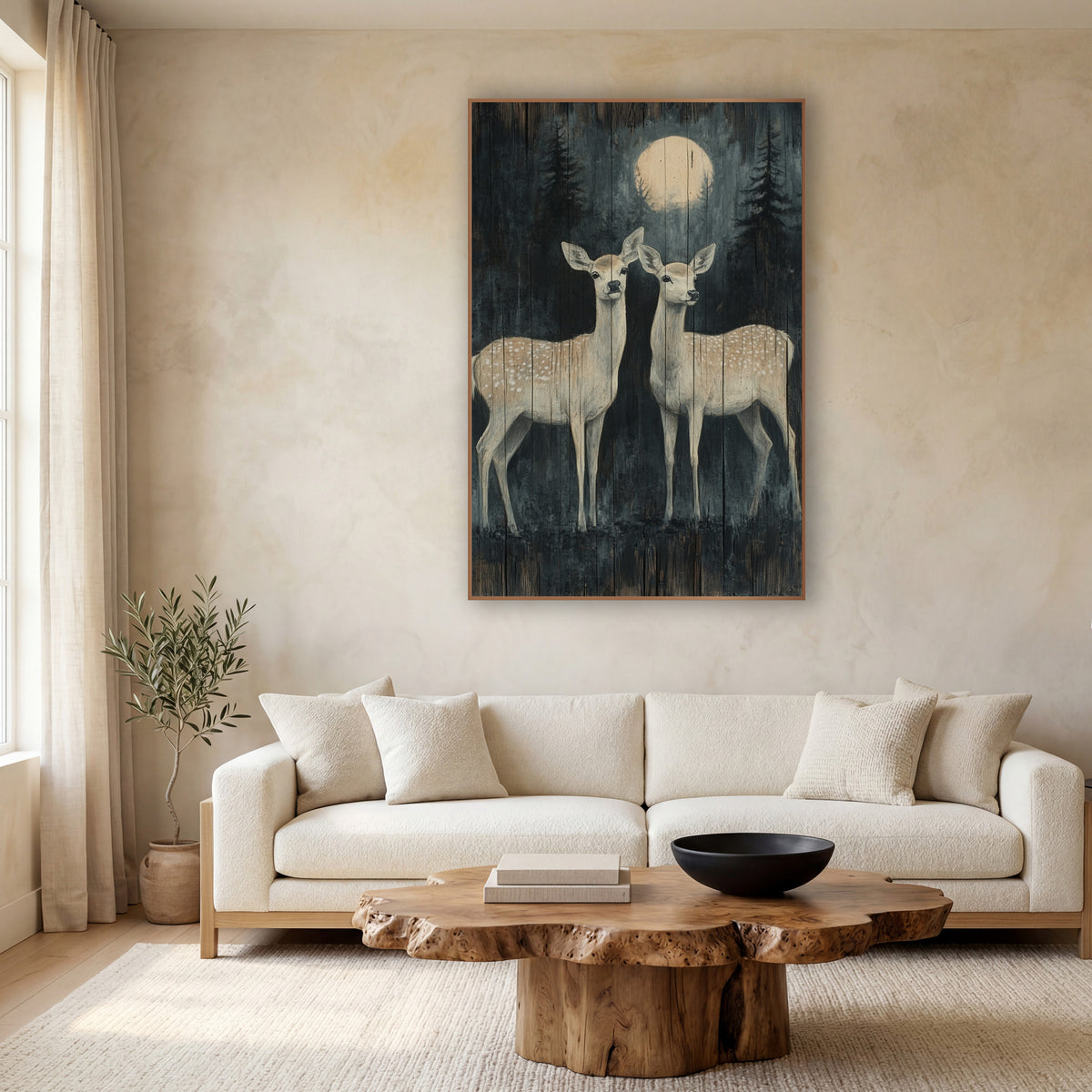 Moonlit Spotted Deer Pair Forest wall art in a calm Japandi-style room – two spotted deer stand under a pale moon