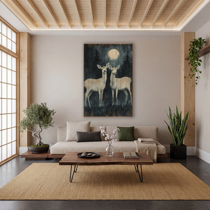 Moonlit Spotted Deer Pair Forest wall art in a calm Japandi-style room – two spotted deer stand under a pale moon