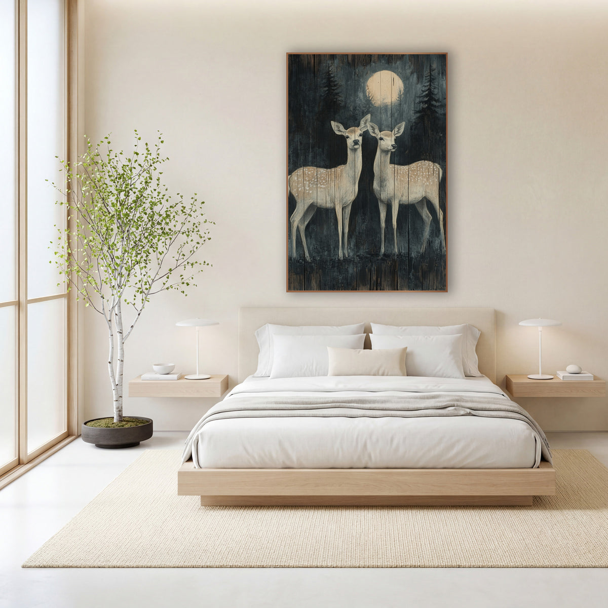 Moonlit Spotted Deer Pair Forest wall art in a calm Japandi-style room – two spotted deer stand under a pale moon