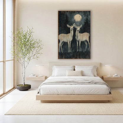 Moonlit Spotted Deer Pair Forest wall art in a calm Japandi-style room – two spotted deer stand under a pale moon