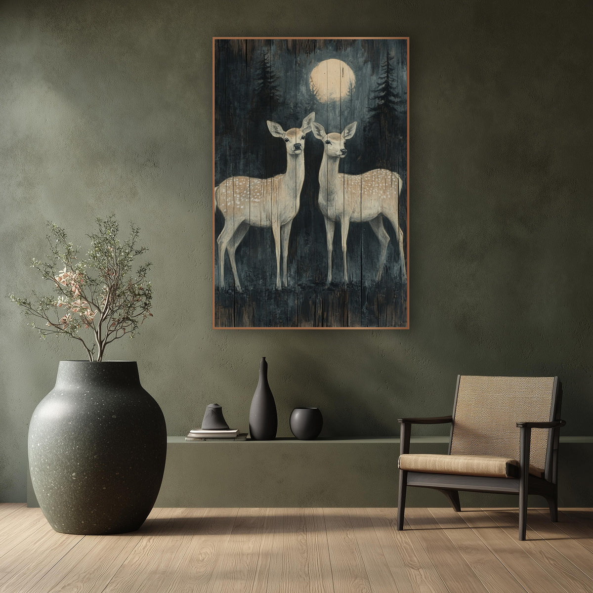 Moonlit Spotted Deer Pair Forest wall art in a calm Japandi-style room – two spotted deer stand under a pale moon