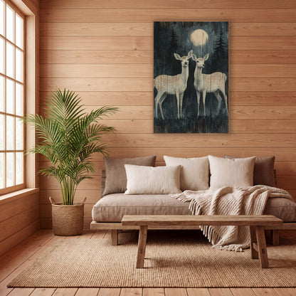Moonlit Spotted Deer Pair Forest wall art in a calm Japandi-style room – two spotted deer stand under a pale moon