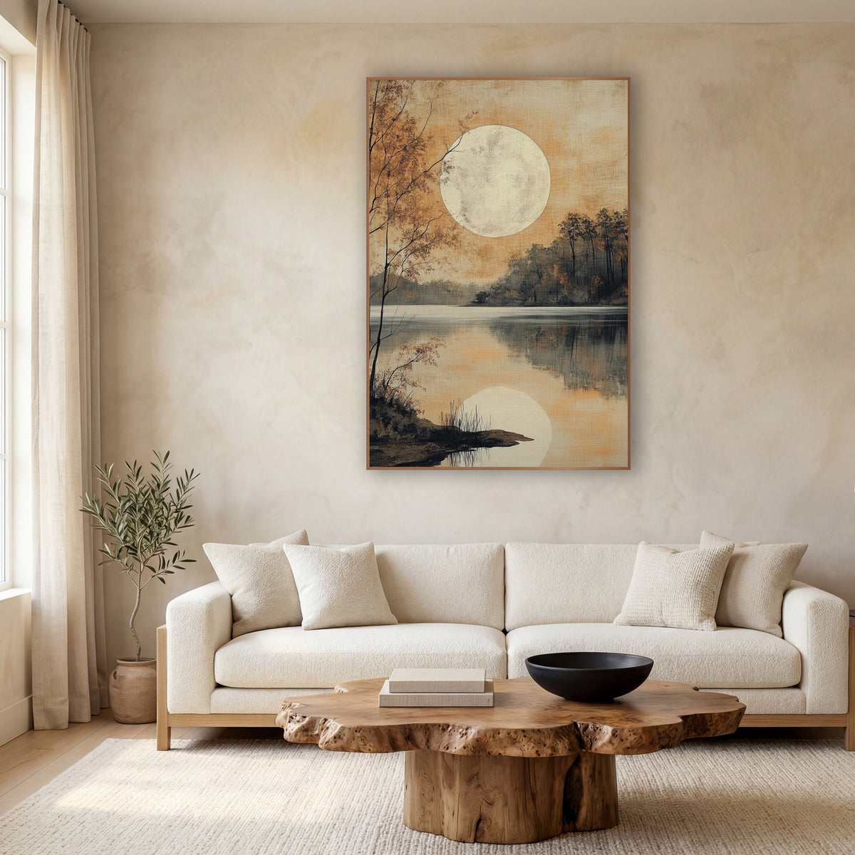 Autumn Birch Moonlit Shore wall art in a calm Japandi-style room – large pale moon over a still lake