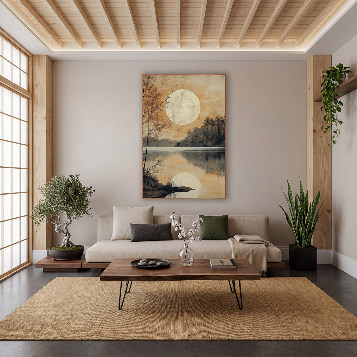 Autumn Birch Moonlit Shore wall art in a calm Japandi-style room – large pale moon over a still lake
