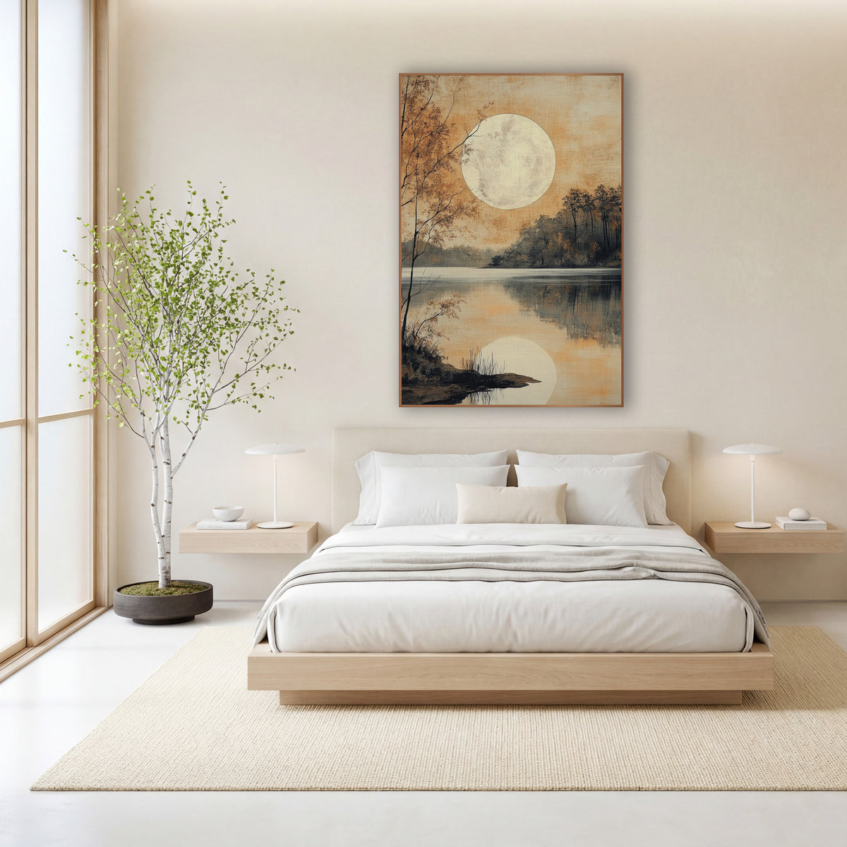Autumn Birch Moonlit Shore wall art in a calm Japandi-style room – large pale moon over a still lake
