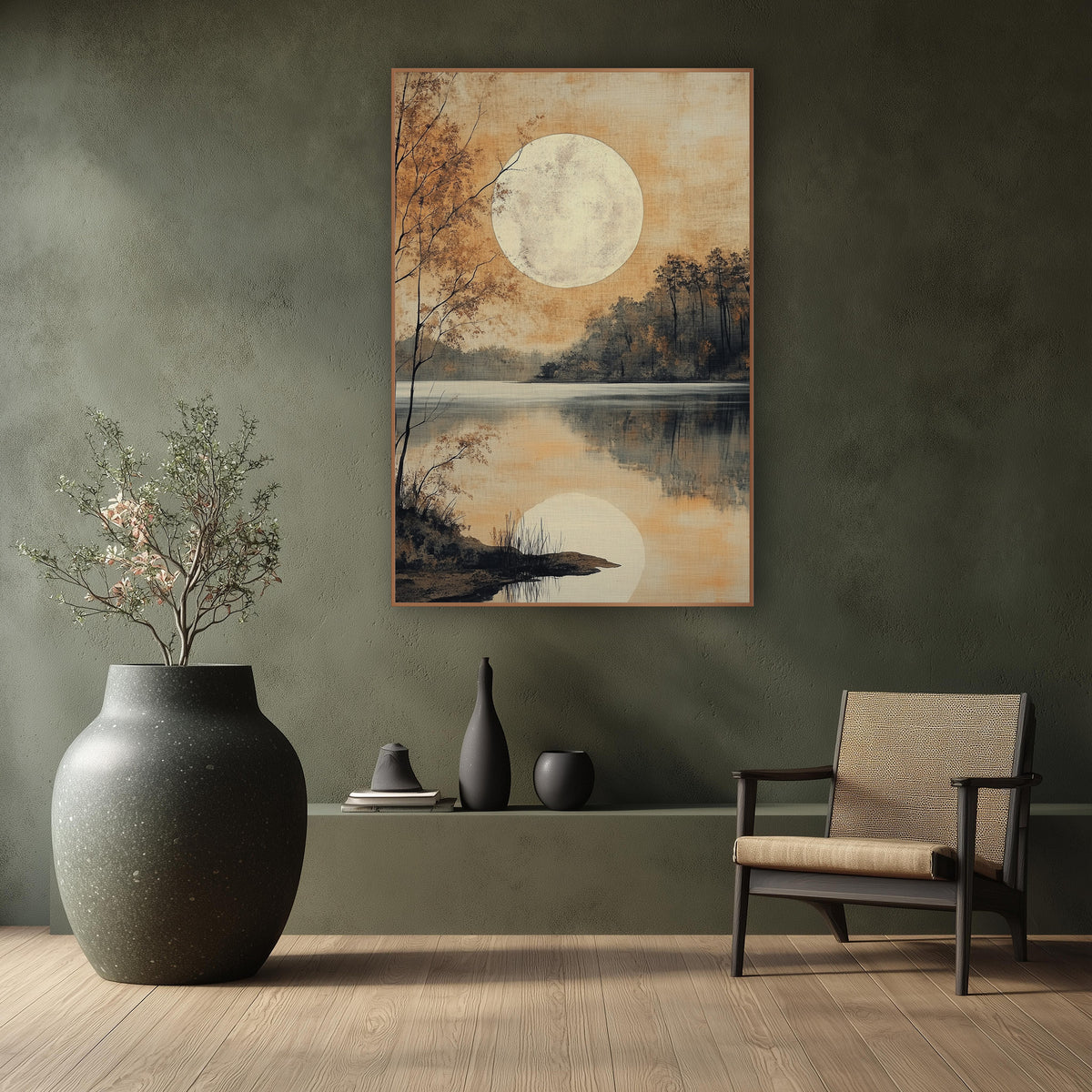 Autumn Birch Moonlit Shore wall art in a calm Japandi-style room – large pale moon over a still lake