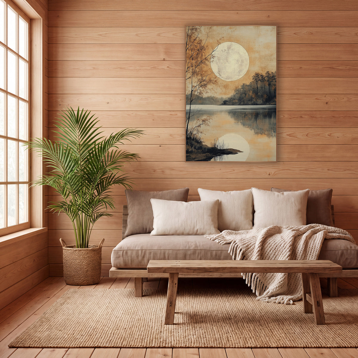 Autumn Birch Moonlit Shore wall art in a calm Japandi-style room – large pale moon over a still lake