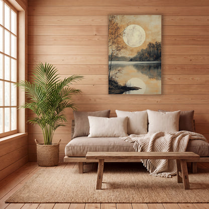 Autumn Birch Moonlit Shore wall art in a calm Japandi-style room – large pale moon over a still lake