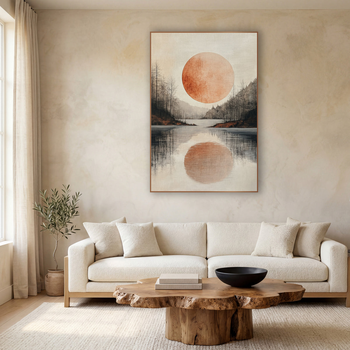 Copper Moon Lake Japandi wall art in a calm Japandi-style room – large copper-orange moon over a still lake