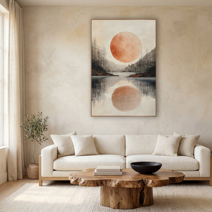 Copper Moon Lake Japandi wall art in a calm Japandi-style room – large copper-orange moon over a still lake