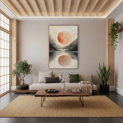 Copper Moon Lake Japandi wall art in a calm Japandi-style room – large copper-orange moon over a still lake