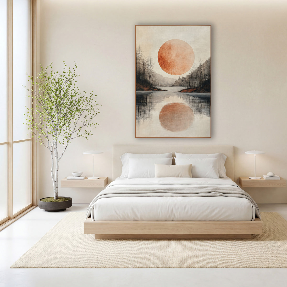 Copper Moon Lake Japandi wall art in a calm Japandi-style room – large copper-orange moon over a still lake