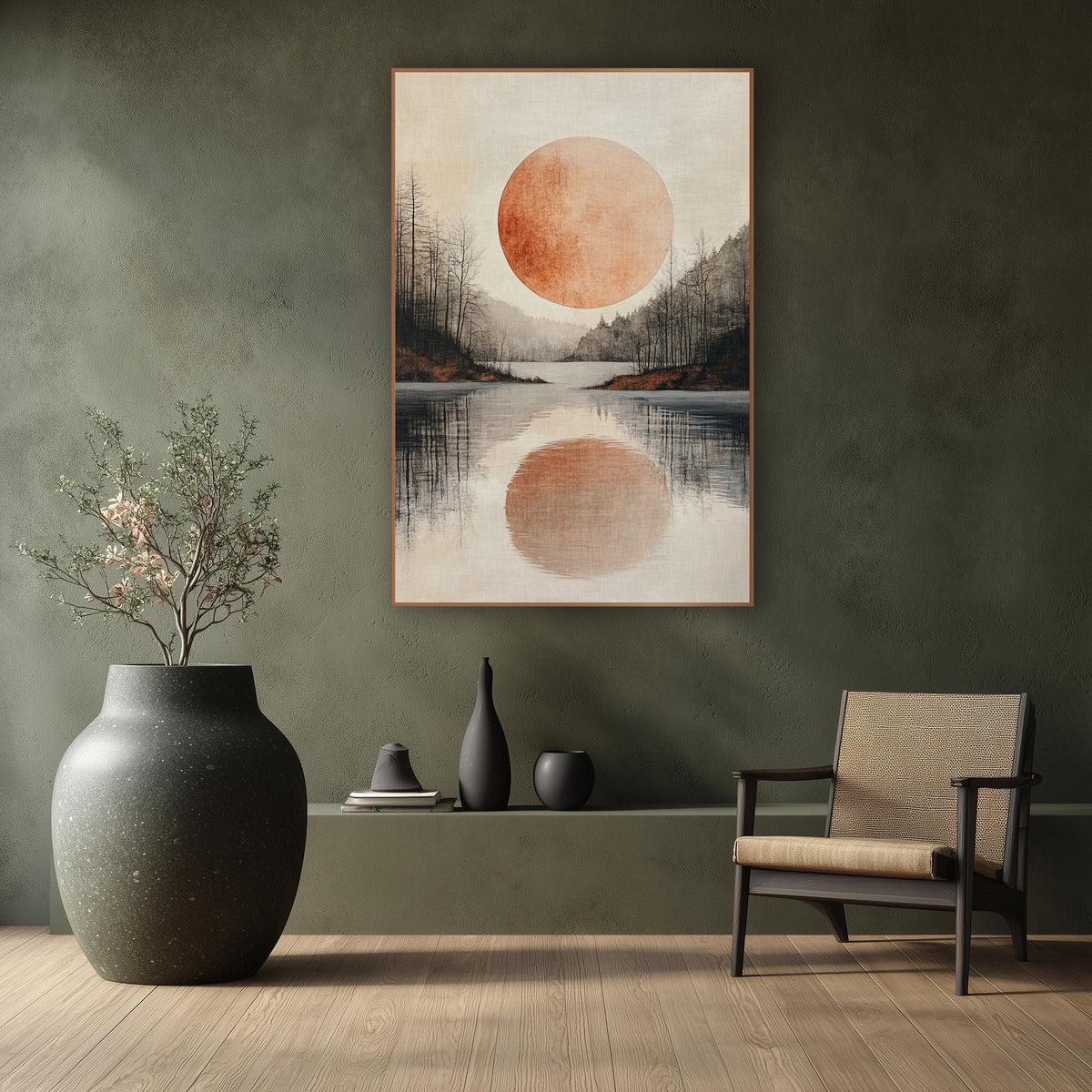 Copper Moon Lake Japandi wall art in a calm Japandi-style room – large copper-orange moon over a still lake