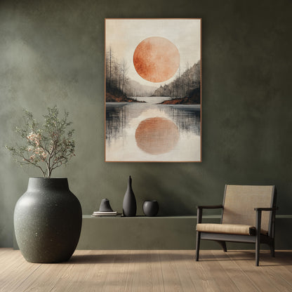 Copper Moon Lake Japandi wall art in a calm Japandi-style room – large copper-orange moon over a still lake