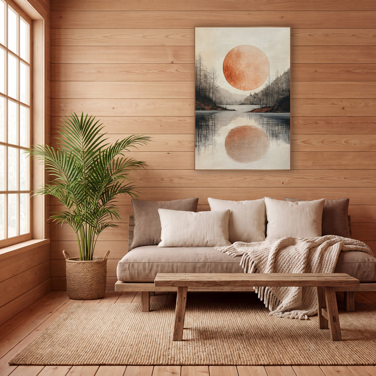 Copper Moon Lake Japandi wall art in a calm Japandi-style room – large copper-orange moon over a still lake