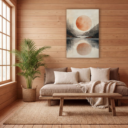 Copper Moon Lake Japandi wall art in a calm Japandi-style room – large copper-orange moon over a still lake