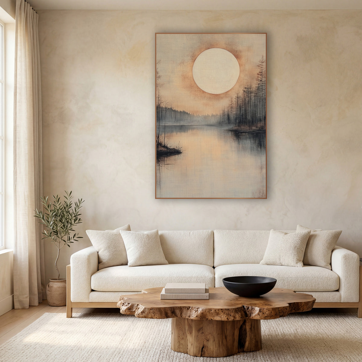 Misty Pine Moon Shoreline wall art in a calm Japandi-style room – pale round moon with orange haze over a still misty