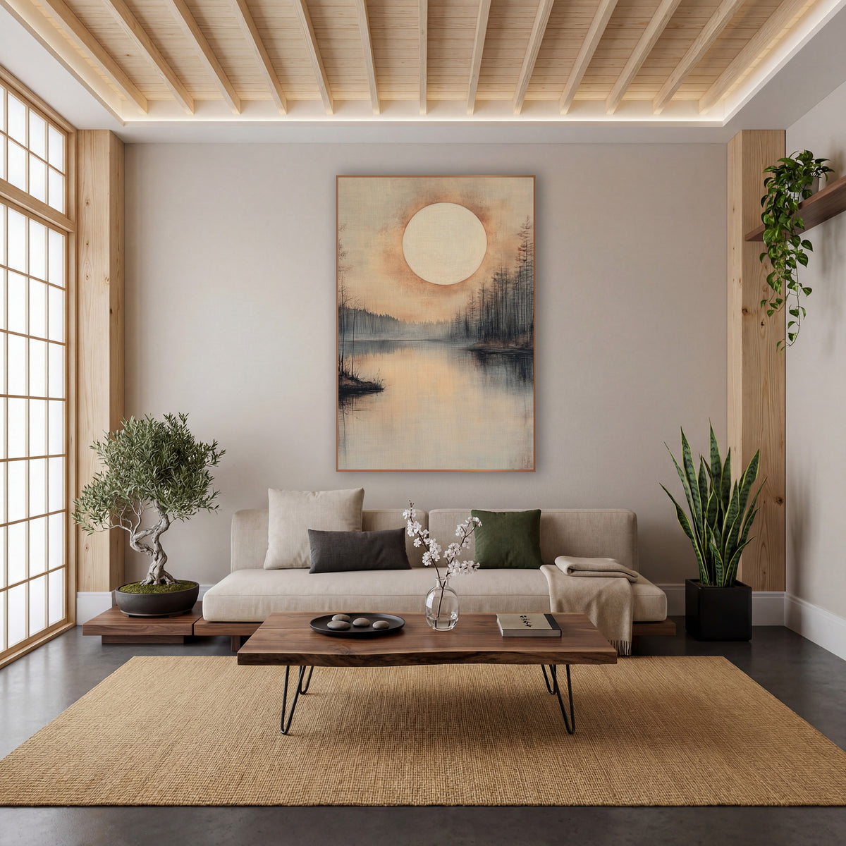 Misty Pine Moon Shoreline wall art in a calm Japandi-style room – pale round moon with orange haze over a still misty